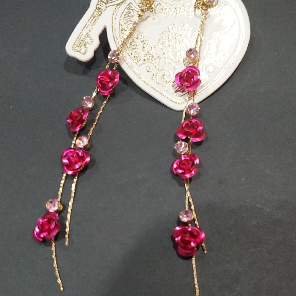 Gold tone pink tourmaline and roses gemstone look 2 strand dangling earrings new